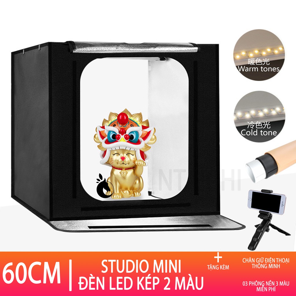 [Studio Mini 60CM] Hộp chụp sản phẩm 60CM , có thể gấp gọn , Kèm 02 LED Studio chuyên nghiệp + 03 Phông nền + Chân đế