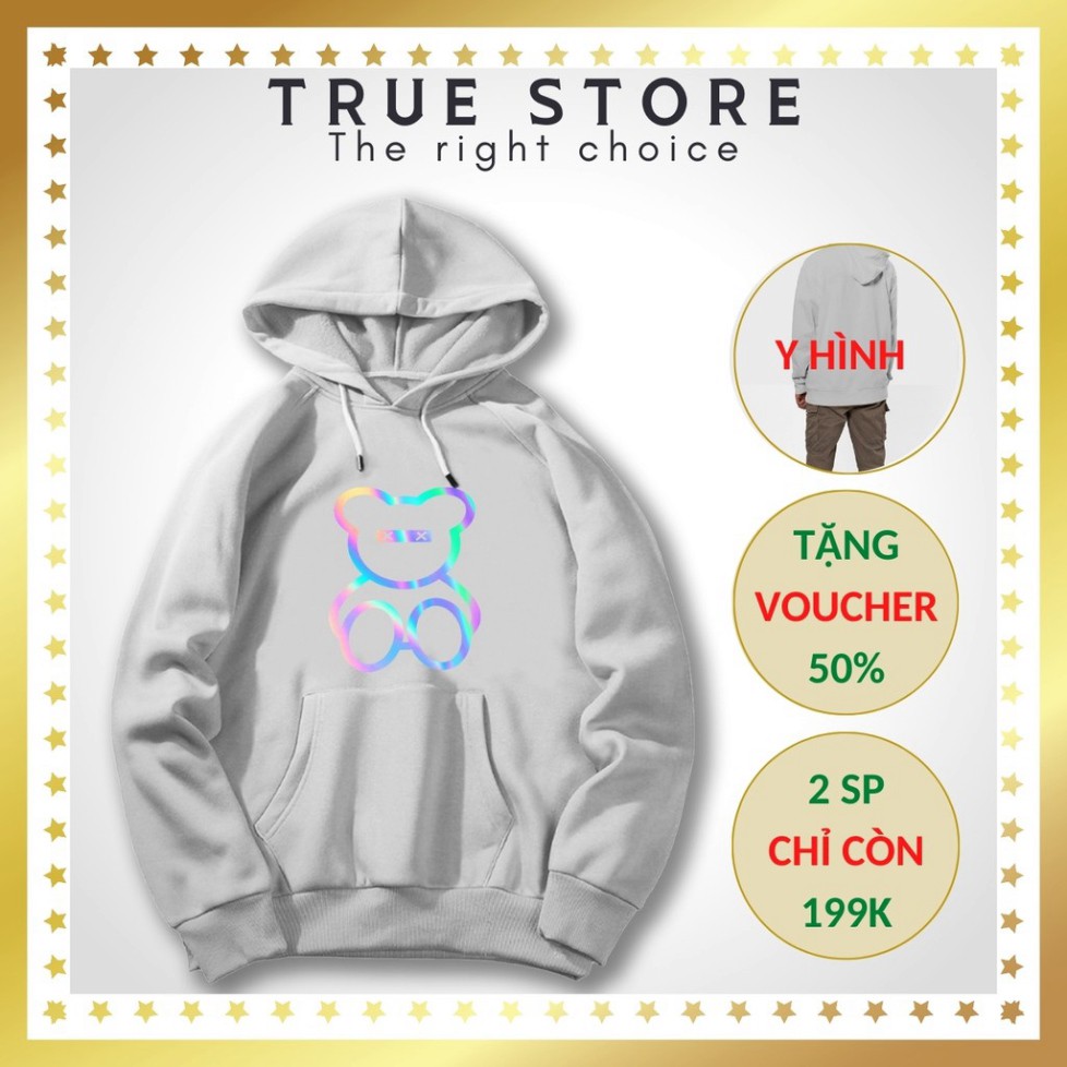 Áo khoác nỉ cao cấp phản quang hình GẤU TEDDY áo khoác cặp hoodie freesize dưới 75kg màu xám, True Store đảm bảo, KN26