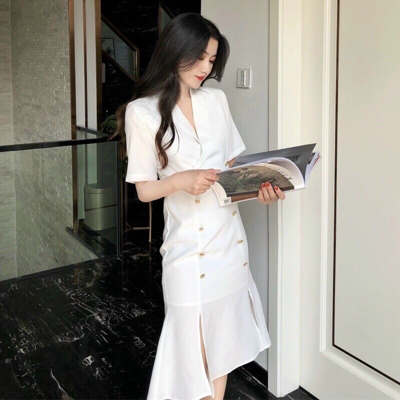 Đầm cổ vest phối nút dáng midi đuôi cá xẻ tà hai bên