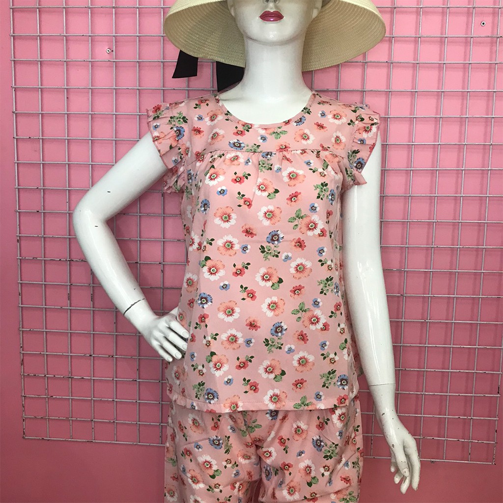 Đồ Bộ Nữ B02 VNXK Chất Liệu Lanh Lụa Dáng Lửng Họa Tiết Hoa Đại Tay Cánh Tiên Xinh Xắn