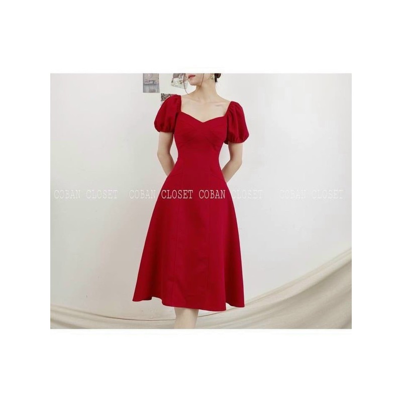 ĐẦM ĐỎ MIDI CỔ V TRẸT