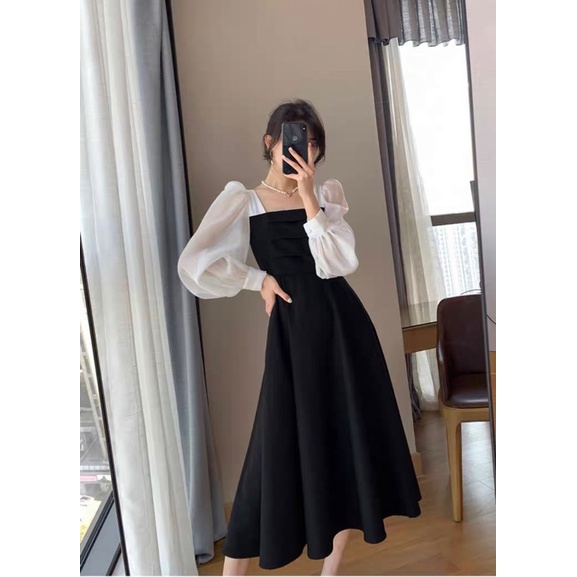 (KÈM ẢNH THẬT) ĐẦM MIDI ĐEN PHỐI TAY VOAN TRẮNG ☺️☺️