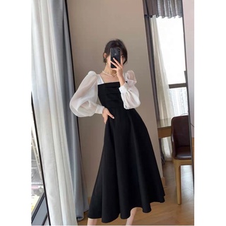 Đầm midi đen phối tay voan trắng ☺️☺️