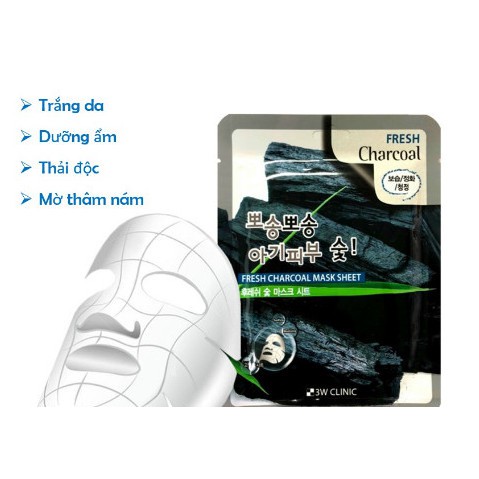 Mặt nạ giấy dưỡng trắng da giảm mụn thải độc chiết xuất than hoạt tính 3W Clinic Hàn Quốc 23ml