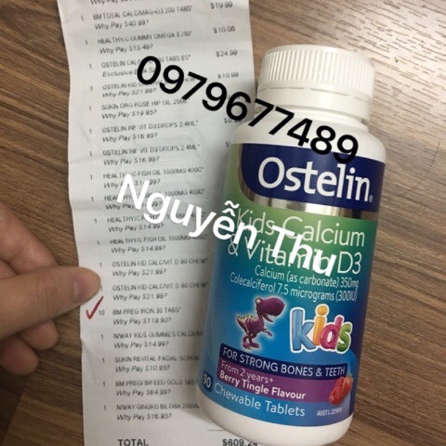 Canxi Ostelin Khủng Long vị dâu Cho Bé 90 viên - Ostelin Kids Calcium & Vitamin D3 90 Chewable Tablets