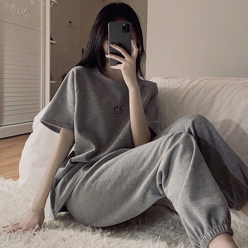 Bộ icon mặt cười, hình thêu, quần bo gấu, áo thun tay lỡ chất bo tăm