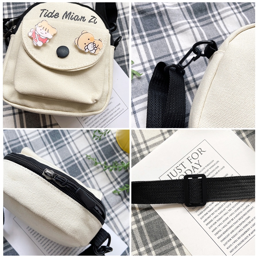 Túi Đeo Chéo Mini Vải Canvas Kèm 2 Mặt Gấu Hoặc 2 Sticker Siêu Dễ Thương Phong Cách Thời Trang
