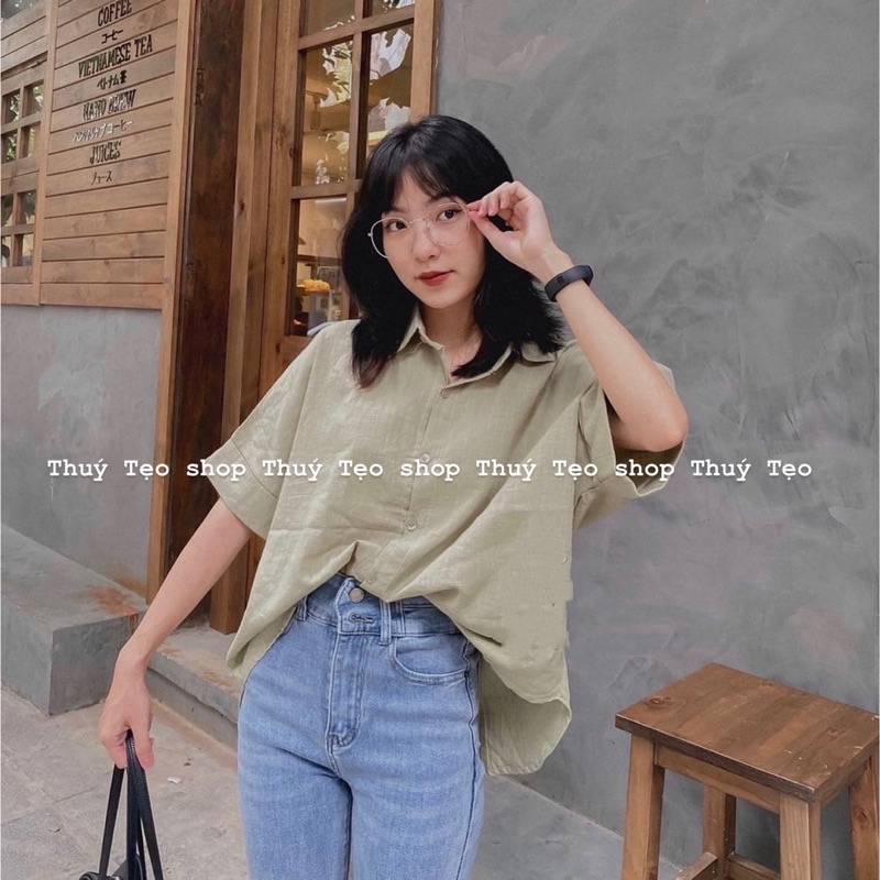 Áo sơ mi xước cộc tay cúc dọc sau lưng - Áo sơ mi nữ cộc tay basic xinh xắn