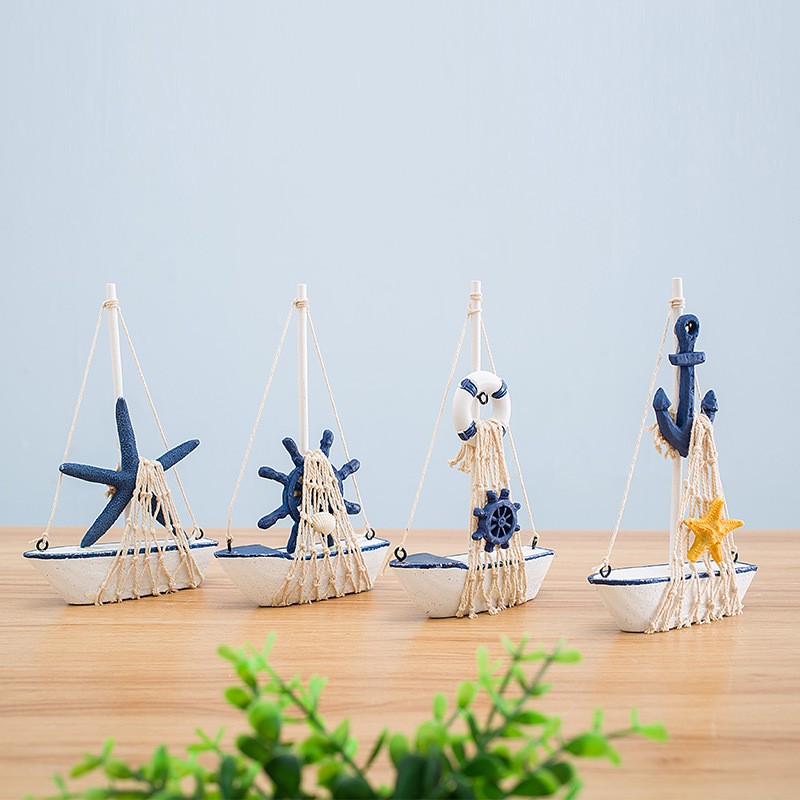 Set 4 mô hình thuyền buồm gỗ mini trang trí size 17cm - Decor đồ trang trí theo phong cách biển Địa Trung Hải