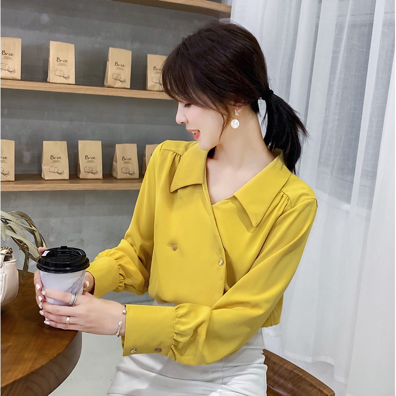 Áo chiffon nữ tay dài cổ cài nút phong cách Hàn Quốc