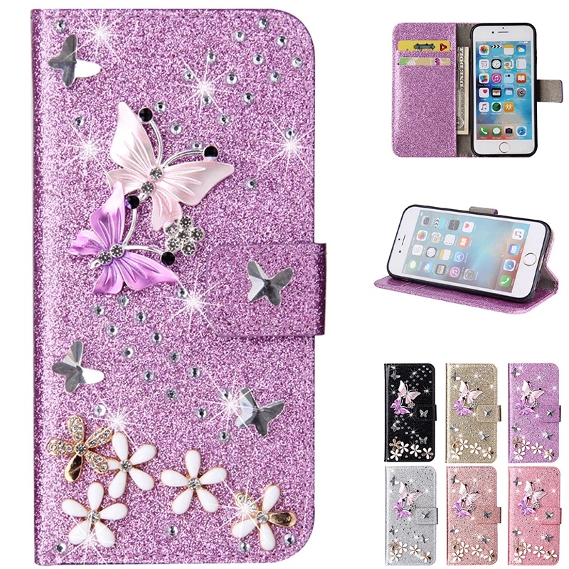 Ốp Điện Thoại Da Kèm Ngăn Đựng Thẻ Đính Kim Cương Sang Trọng Chống Sốc Cho IPhone 11 12 13 14 Pro Max 14 Plus 14 Pro Max
