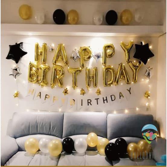 Set Bong Bóng Chữ Happy Birthday Có Đèn Led Màu Trắng / Đen Dùng Để Trang Trí Tiệc Sinh Nhật