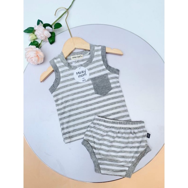 Bộ ba lỗ chip thun lạnh sọc dệt Minky Mom cho bé từ 5-17kg