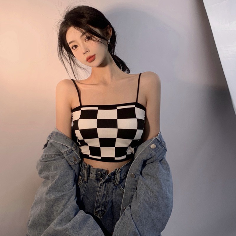 Áo Croptop Hai Dây Họa Tiết Kẻ Ô Có Mút Đệm Ngực Siêu Nhẹ Thời Trang Mùa Hè Quyến Rũ Cho Nữ