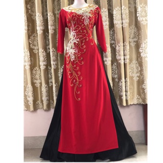 Áo dài đỏ💥FREESHIP💥Áo dài cổ phối cổ trong đính kết hoa ren và pha lê 2 tà