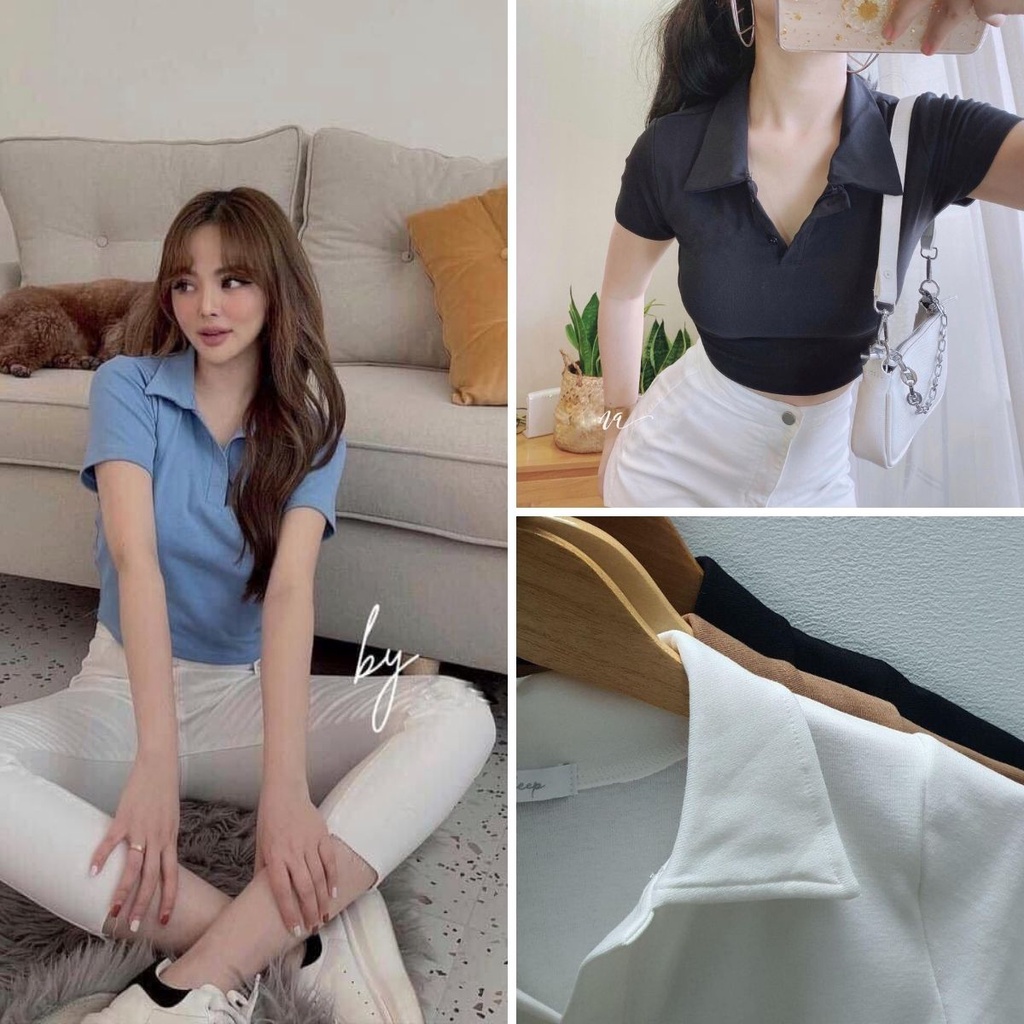 Áo thun nữ crop  FM Style cổ bẻ cá tính năng động thời trang 220323151