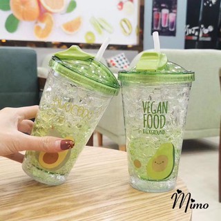Bình đựng nước ly đựng nước 2 lớp trong suốt kèm ống hút hoạ tiết mùa hè