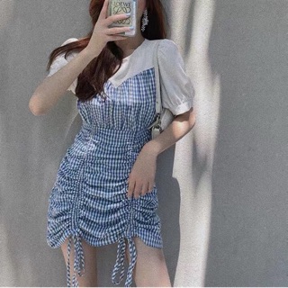 Đầm phối caro nhún