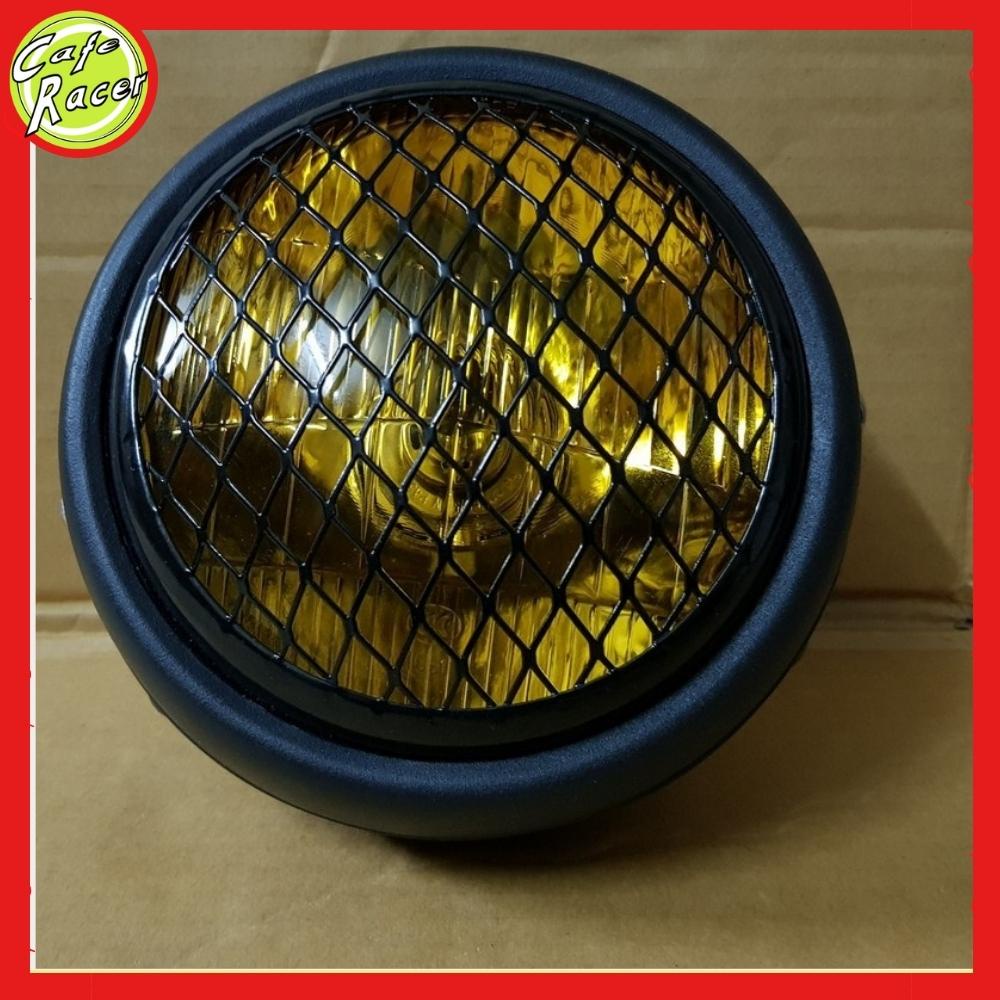 Đèn pha xe máy độ 6,5 icnh cho dòng xe classic gáo sắt sơn đen mặt kính thủy tinh sẵn lưới mắt cáo