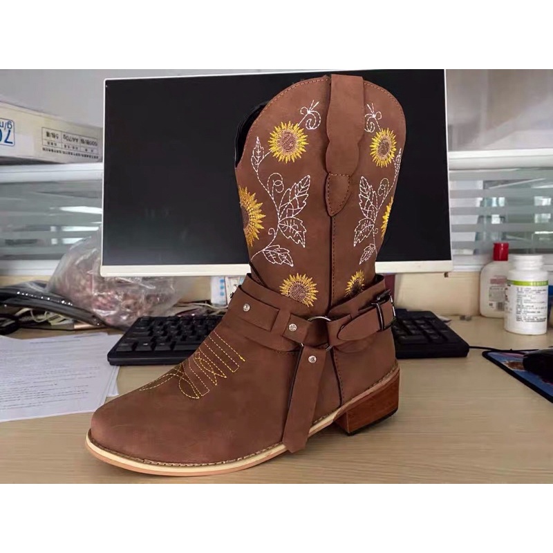 Giày boot da đế cao harness boot hoạ tiết Sunflower martin