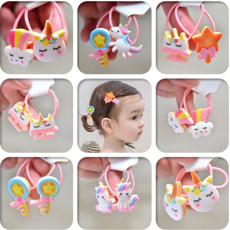 Set 2 dây cột tóc co giãn hình kỳ lân màu cầu vồng dễ thương cho bé gái
