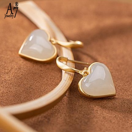 Bông Tai Bạc 925 Hình Trái Tim Đính Đá Ngọc Bích Trắng Sáng Tạo Thời Trang Cho Nữ A7 S925