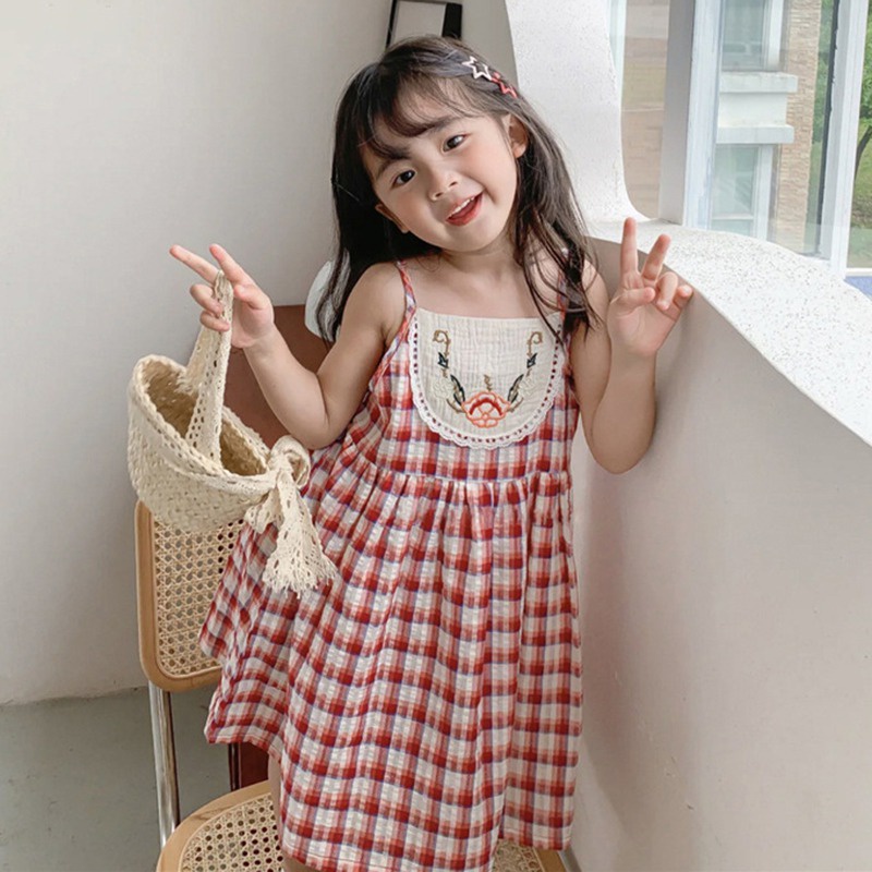 Đầm Công Chúa Hai Dây Thêu Họa Tiết Sọc Ca Rô Thời Trang Mùa Hè Se7en Cho Bé Gái