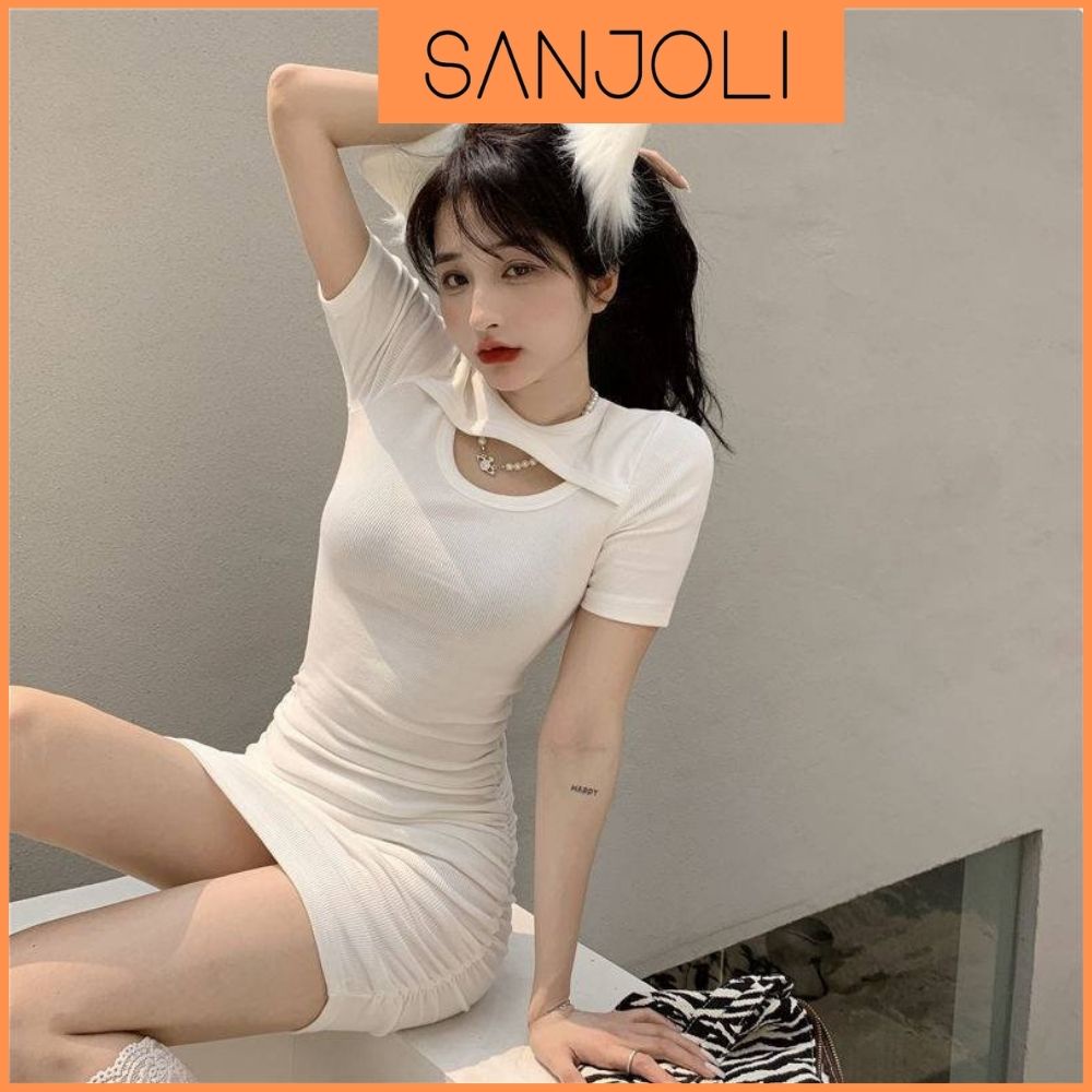 Váy Body Nữ SANJOLI Đầm Trắng Ôm Dáng Sexy Khoét Ngực Tay Ngắn Chất Thun Mát Phù Hợp Dự Tiệc Ulzzang VDE012