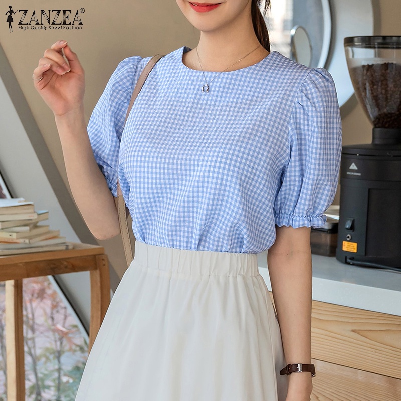 Áo sơ mi Zanzea tay ngắn họa tiết caro thời trang dành cho nữ