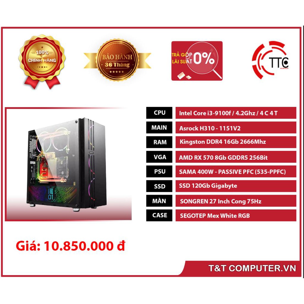 BỘ PC CHIẾN GAME I3 9100F MÀN 27 CONG ( I3 9100F / H310 / RAM 16GB / SSD 120GB / RX 570 8GB )