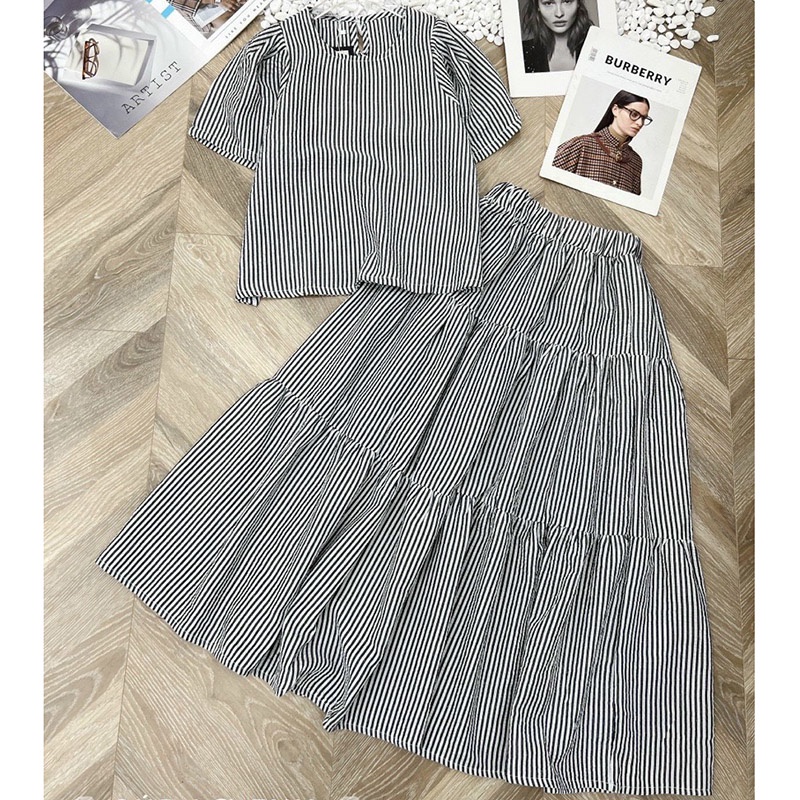 Set Bộ Kẻ Mix Chân Váy Dáng Dài Hàng Quảng Châu SB021-Violet