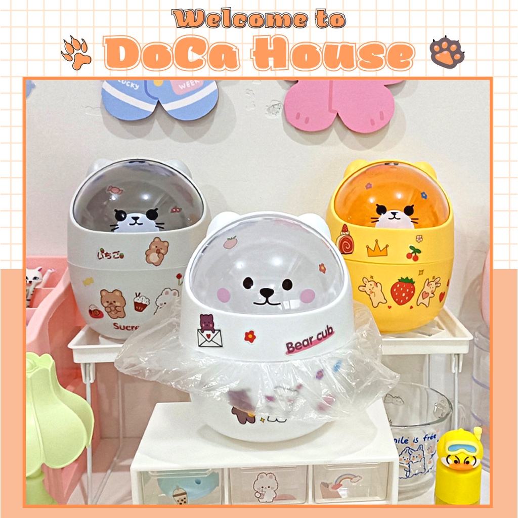 Thùng rác mini DOCA có nắp đậy để bàn hình gấu mèo, sọt rác mini để bàn dễ thương văn phòng phẩm (tặng sticker)