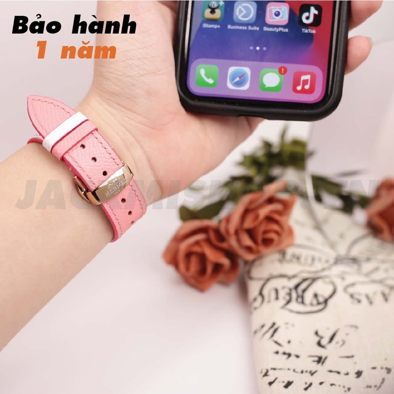 [BẢO HÀNH 1 NĂM] Dây Da EPSOM may tay thủ công màu Trắng/Hồng khóa Bướm cho Apple Watch series 1/2/3/4/5/6/7