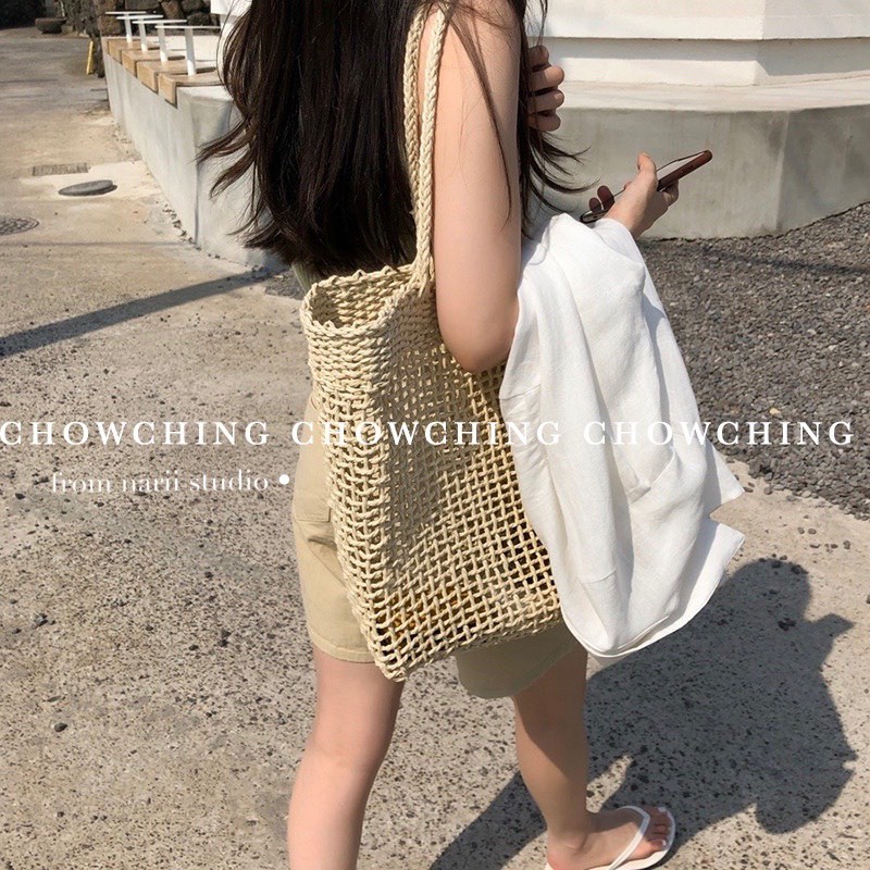 Túi cói đi biển NARII phong cách Hàn Quốc trendy giản đơn màu be