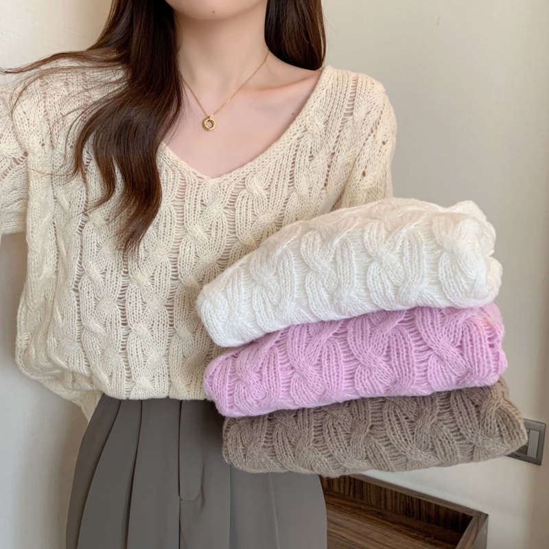 Áo Len Sáp Mềm Cổ Chữ V Dáng Rộng Dài Tay Thời Trang Thu Đông