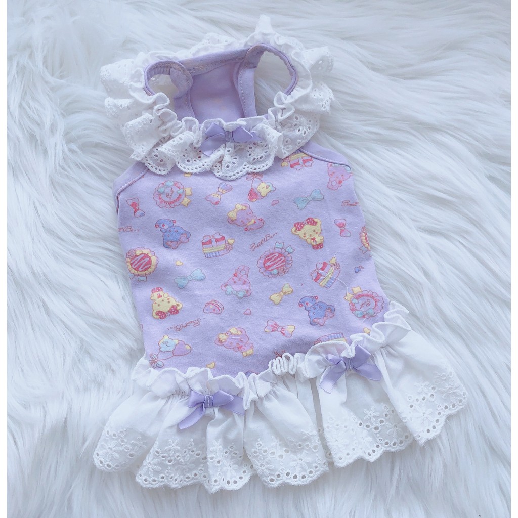 Váy thun hai dây phối bèo CAMQUYTSTORE in họa tiết gấu ngọt ngào dễ thương cho thú cưng