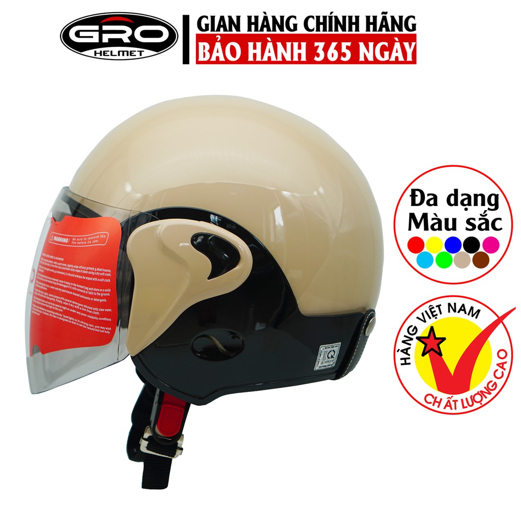 Mũ bảo hiểm cả đầu Gro T318 V1 có kính dài, nhựa ABS bền đẹp, khóa kim loại chắc chắn, mút xốp dày dặn - kem sữa ốp đen