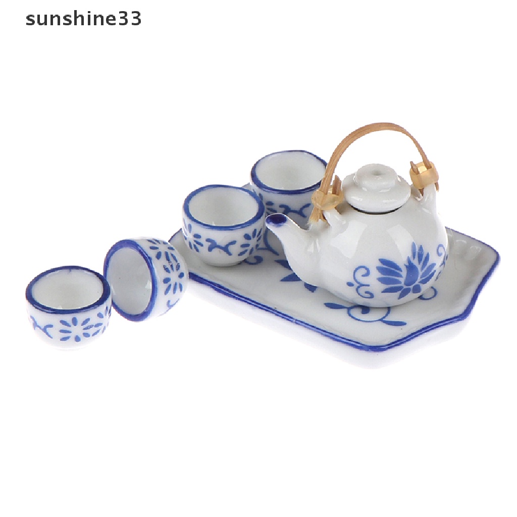 Set 6 món mô hình đĩa bình tách trà gốm xanh lam gợn sóng cho nhà búp bê