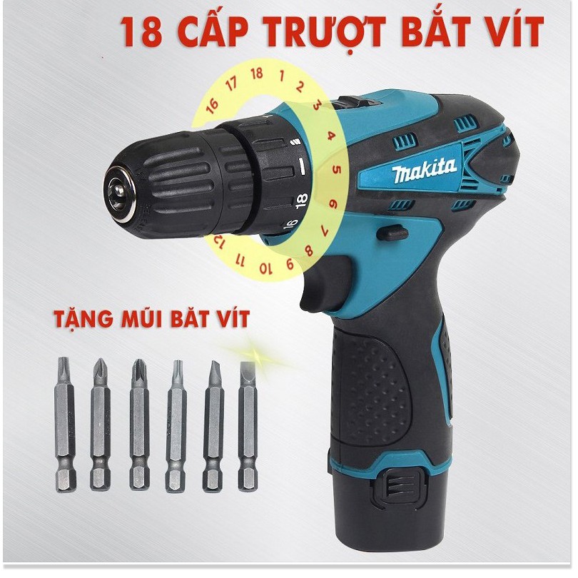 [Chính Hãng] Máy khoan pin makita 12V – KHOAN – BẮT VÍT – VẶN ỐC tặng kèm hộp 24 chi tiết