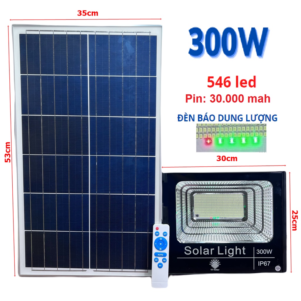 Đèn pha năng lượng mặt trời 700w, 600w, 500w, 300w, 100w IP67  - Tấm pin rời dây nối 5m và kèm remote điều khiển
