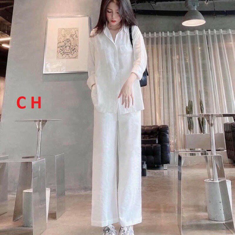 SET Bộ áo kiểu sơ mi quần ống rộng trắng MIX đồ đi chơi cực sang🎀Chất vải đũi mặc nhẹ mát🎀Đồ đôi di chơi; du lịch; nhó