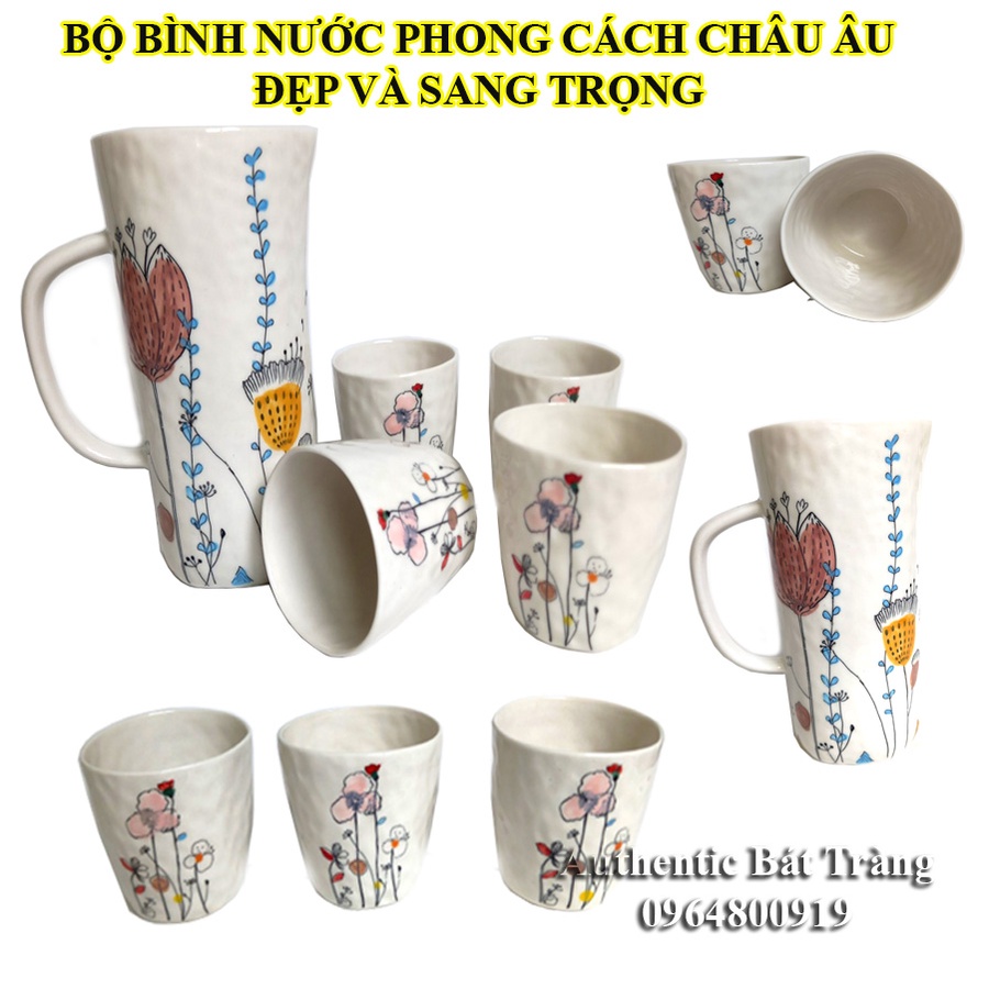"TUYỆT ĐẸP" Bộ Cốc, Bình uống nước, uống trà  Vẽ Hoa-phong cách Châu Âu - ĐẸP VÀ SANG TRỌNG - Gốm sứ Authentic Bát Tràng
