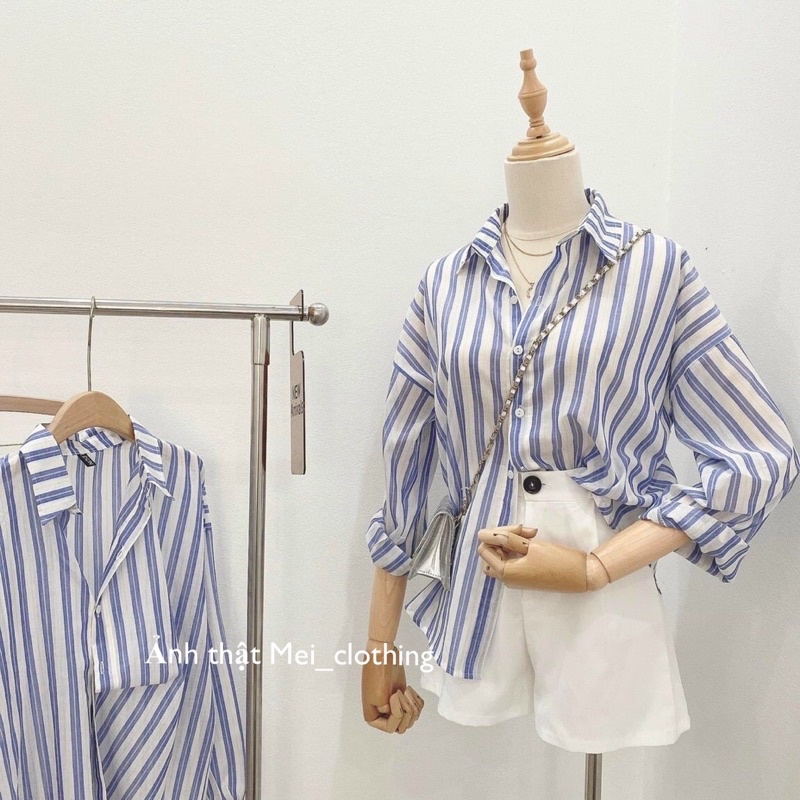 [Ảnh thật/video] Áo sơmi họa tiết Sọc Vằn Hàn Quốc/ sơ mi nữ kẻ sọc A35