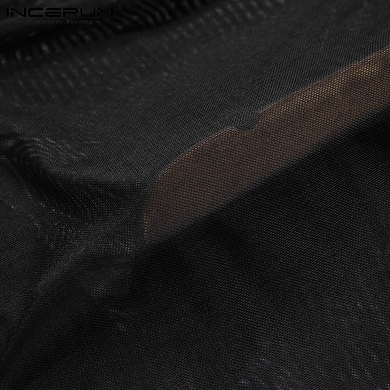 Áo thun INCERUN ngắn tay dáng rộng phối lưới xuyên thấu đính ngọc trai nhân tạo dễ thương cho nam