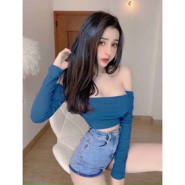 💥Áo croptop trễ vai đan dây lưng, Áo thun cổ vuông tay dài,vải thun gân mịn đẹp 💥💥 | BigBuy360 - bigbuy360.vn