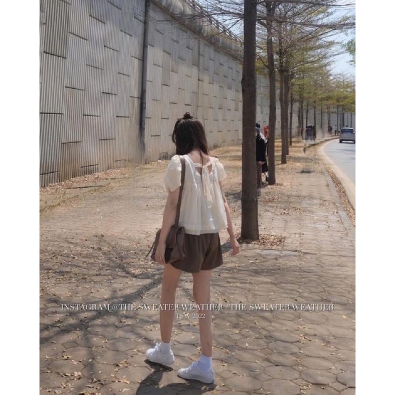 Sét áo voan quần nâu babydoll buộc nơ sau 0104