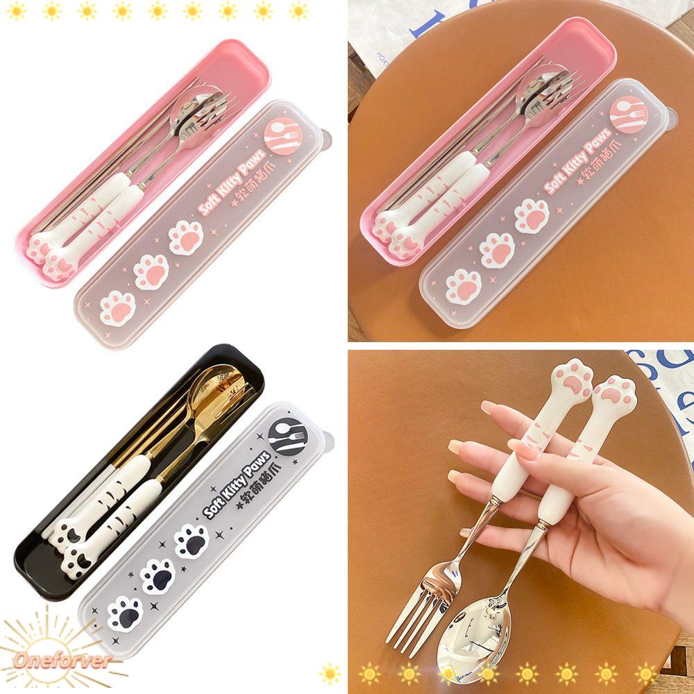 Bộ Muỗng Nĩa Đũa 3 Trong 1 Hình Chân Mèo Bằng Thép Không Gỉ