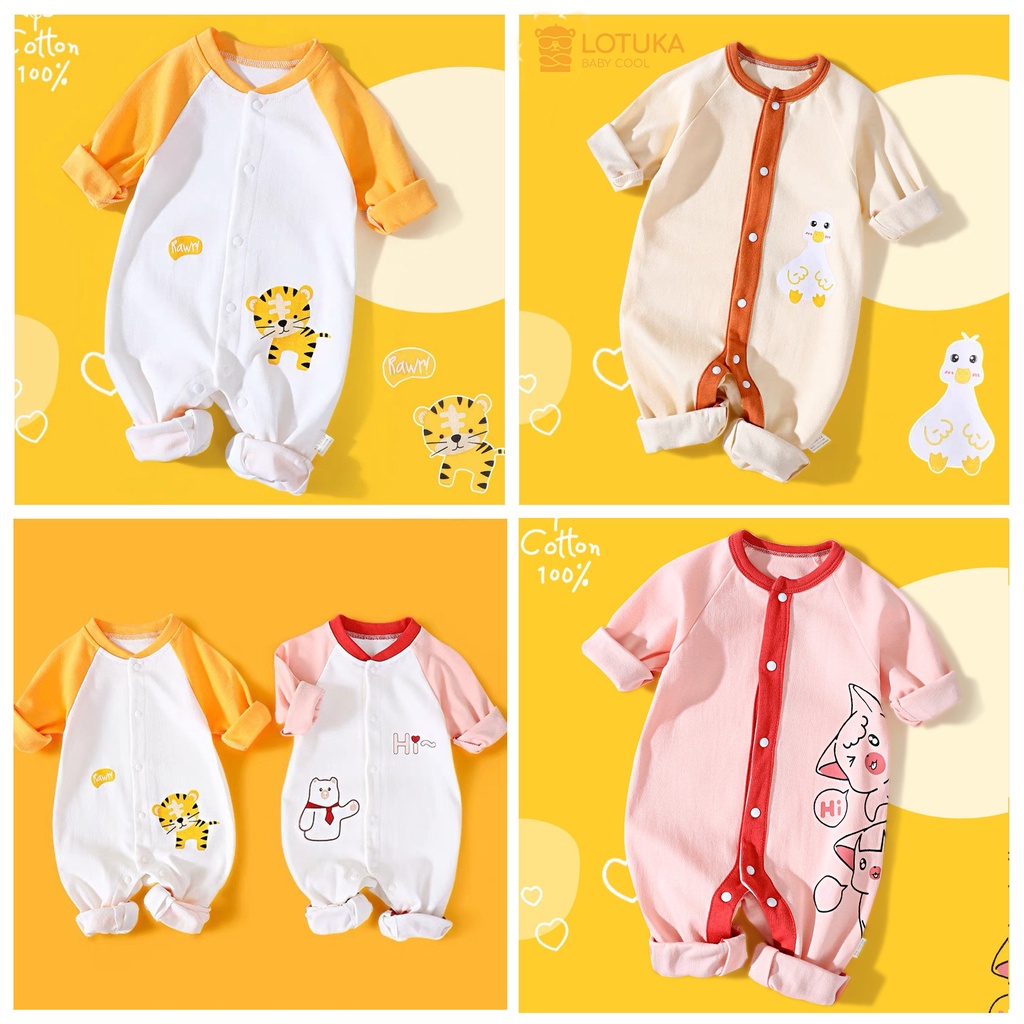 Bộ liền thân cho bé sơ sinh cài cúc giữa hình thú ngộ nghĩnh, bodysuit, body dài tay cho bé 3-12kg