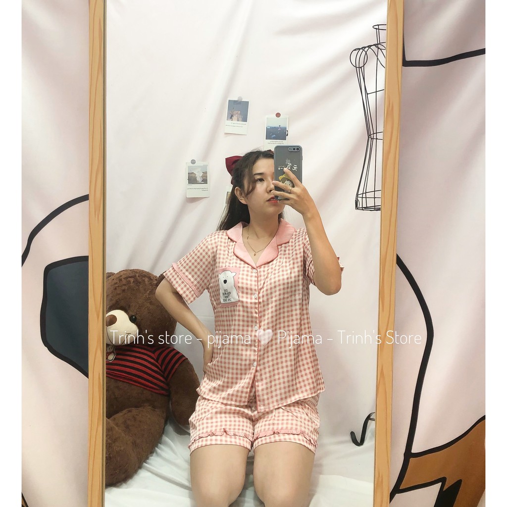 Pijama đồ bộ đùi lụa - hình gấu ô caro 2 màu [hình shop chụp]