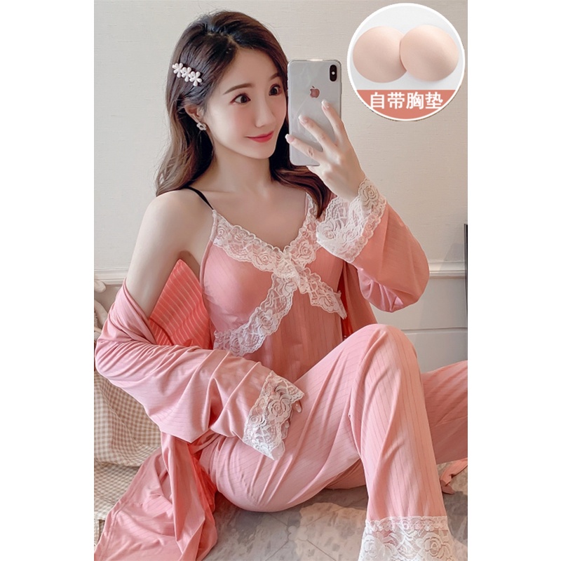 Bộ Đồ Ngủ Ba Mảnh Gồm Áo Khoác Cotton Màu Trơn Có Đệm Ngực Và Dây Đeo Ngực Thời Trang Xuân Thu Năm 2021 Dành Cho Nữ | BigBuy360 - bigbuy360.vn